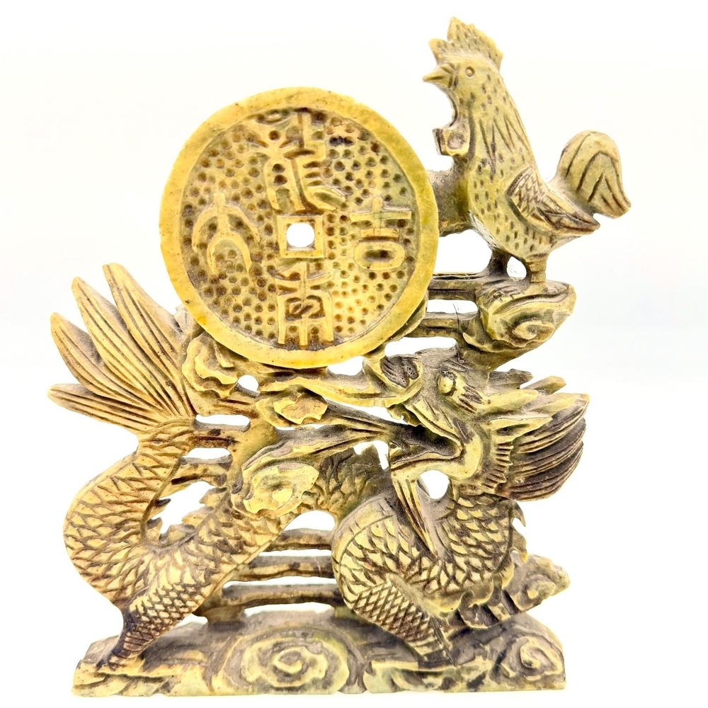 VTG Chinese Soapstone Dragon Phoenix Rooster Coin Openwork Carving Feng Shui Art